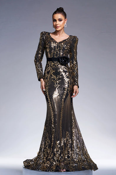 Long Sleeves Sequins V Neck Mermaid Evening Dress