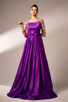 Purple Square Neck Full Sleeves Satin Evening Dress