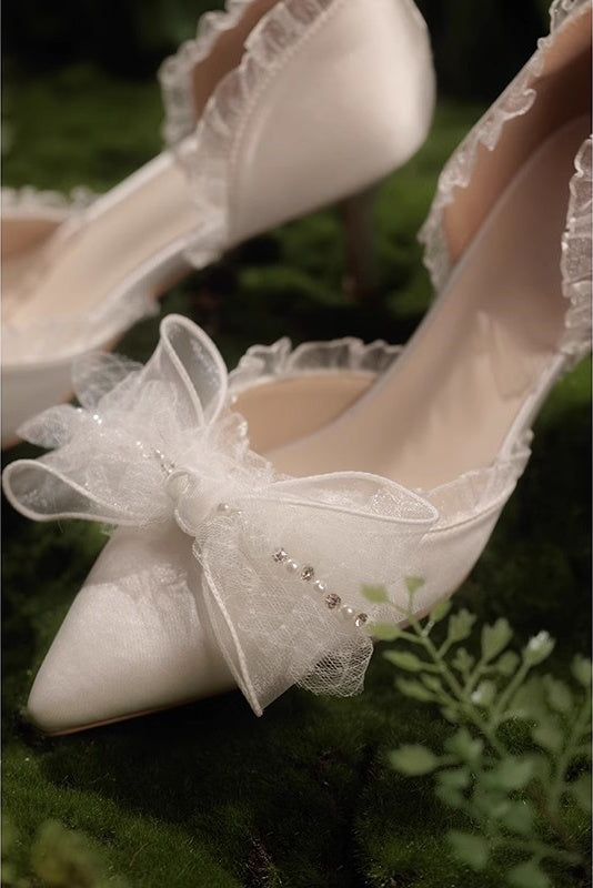 Lace Bow Sharp Tip Stiletto Heels Fairy Wedding shoes