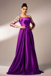 Purple Square Neck Full Sleeves Satin Evening Dress