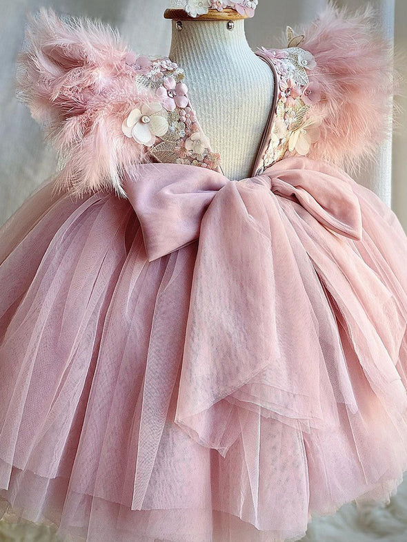 Dusty Pink Flower Girl Dress Party Gown With 3D Flowers Feathers