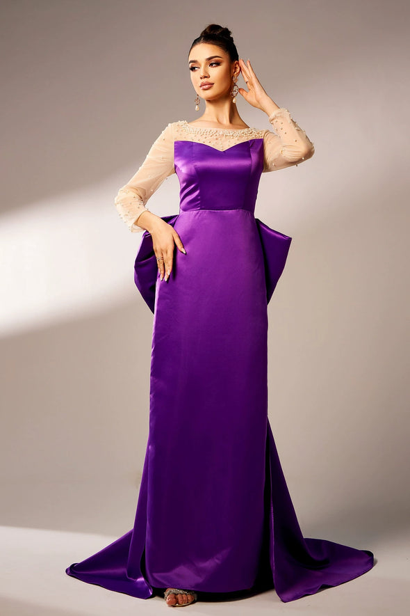 Purple Long Satin Evening Dress With Bow Back