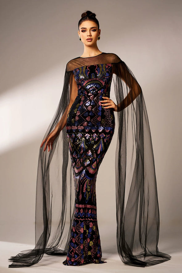 Bling Bling Sequins Long Evening Dress With Shawl