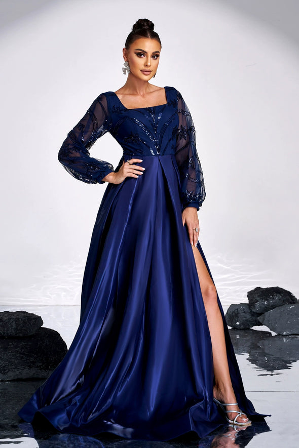 Navy Blue Square Neck Long Sleeves Sparkly Satin Evening Dress