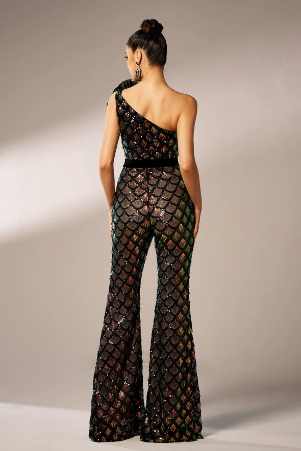 One Shoulder Sequin Long Lady Jumpsuits Party Cloth