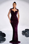 Grape Long Evening Dress Velvet Sequins Stand Neck