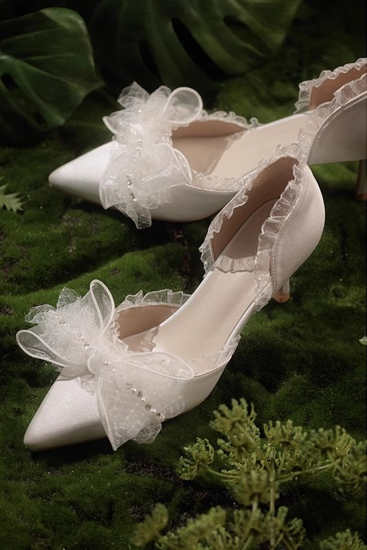 Lace Bow Sharp Tip Stiletto Heels Fairy Wedding shoes