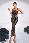 Black Gold Sheath Evening Dress Calf Length