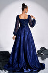 Navy Blue Square Neck Long Sleeves Sparkly Satin Evening Dress