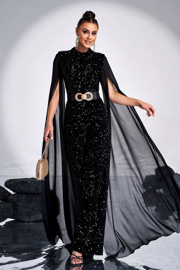 Long Sleeved Round Neck Sequined Party Jumpsuit Evening Gown