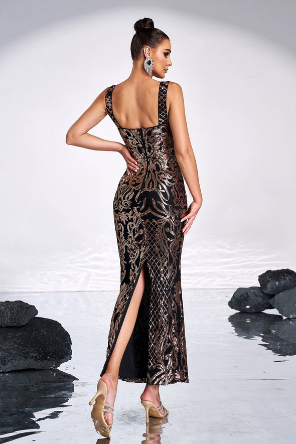 Black Gold Sheath Evening Dress Calf Length