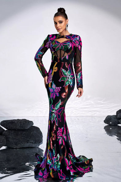 Long Sleeves Black Dress With Colorful Sequins