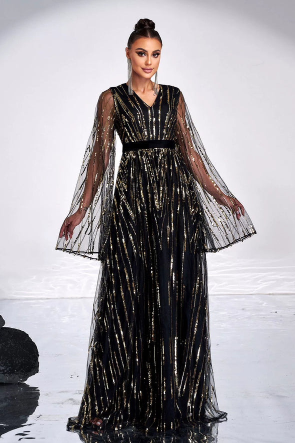 V Neck Black Evening Dress With Gold Sequins Flare Sleeves