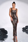 Black Gold Sheath Evening Dress Calf Length