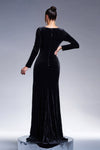 V Neck Long Sleeves Velvet Women Evening Gown Side Split