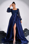 Navy Blue Square Neck Long Sleeves Sparkly Satin Evening Dress