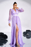 Lavender Long Sleeves V-neck Prom Dress