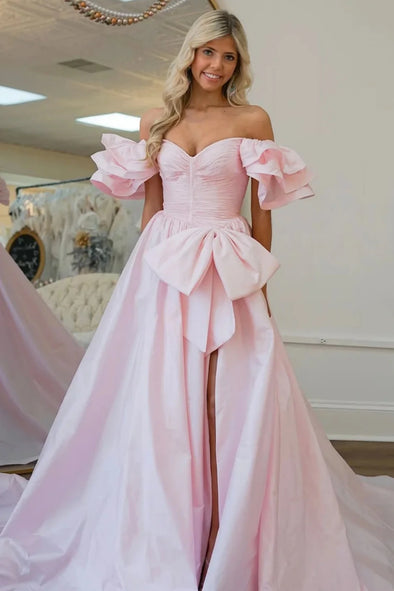 Pink Taffeta Long Prom Dresses Off The Shoulder Slit