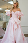 Pink Taffeta Long Prom Dresses Off The Shoulder Slit