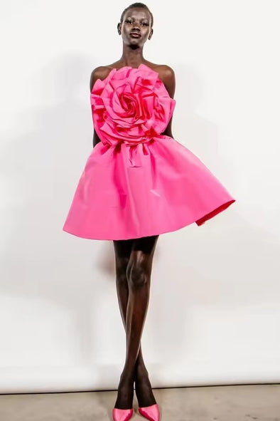 Hot Pink Big Flower Short Party Dress Cocktail Gown