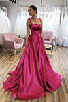 Fuchsia Satin Long Prom Dress Sweep Train