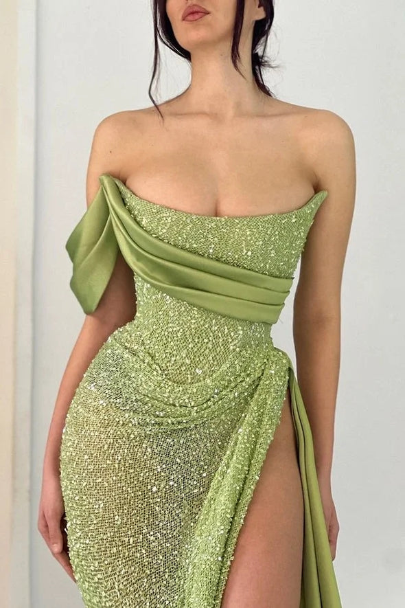 Sage Green Strapless Mermaid Prom Dress With High Split