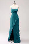 Spaghetti Strap A Line Teal Long Chiffon Bridesmaid Dress