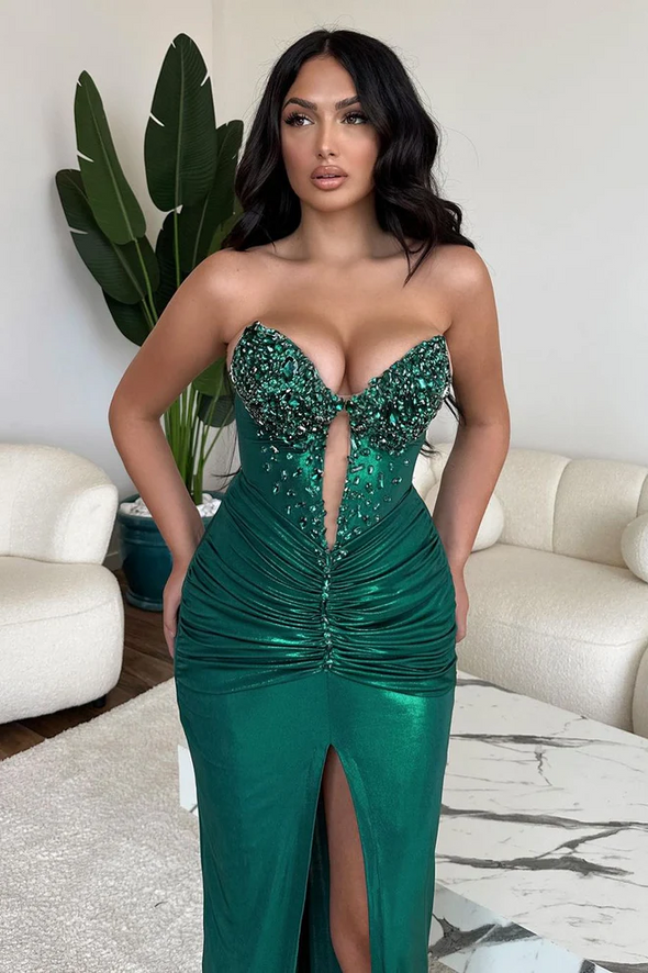 Green Long Sweetheart Beads Prom Dress