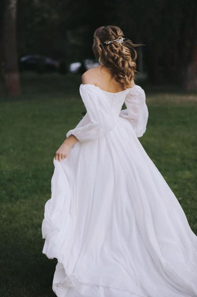 A Line Chiffon Long Off The Shoulder Sleeves Wedding Dress