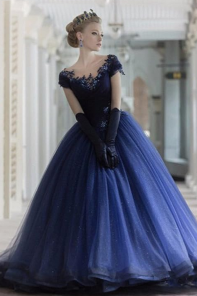 Long Royal Blue Ball Gown Prom Dress Short Sleeves