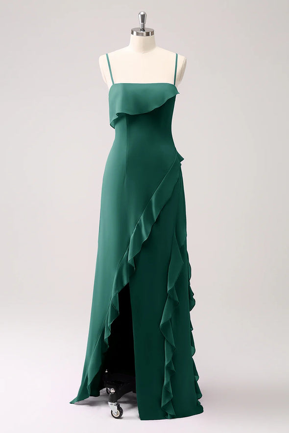 Spaghetti Strap A Line Dark Green Long Chiffon Bridesmaid Dress