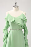 A Line Light Green Long Chiffon Bridesmaid Dress With Ruffles