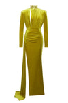 High Collar Gold Velvet Long Women Evening Dress