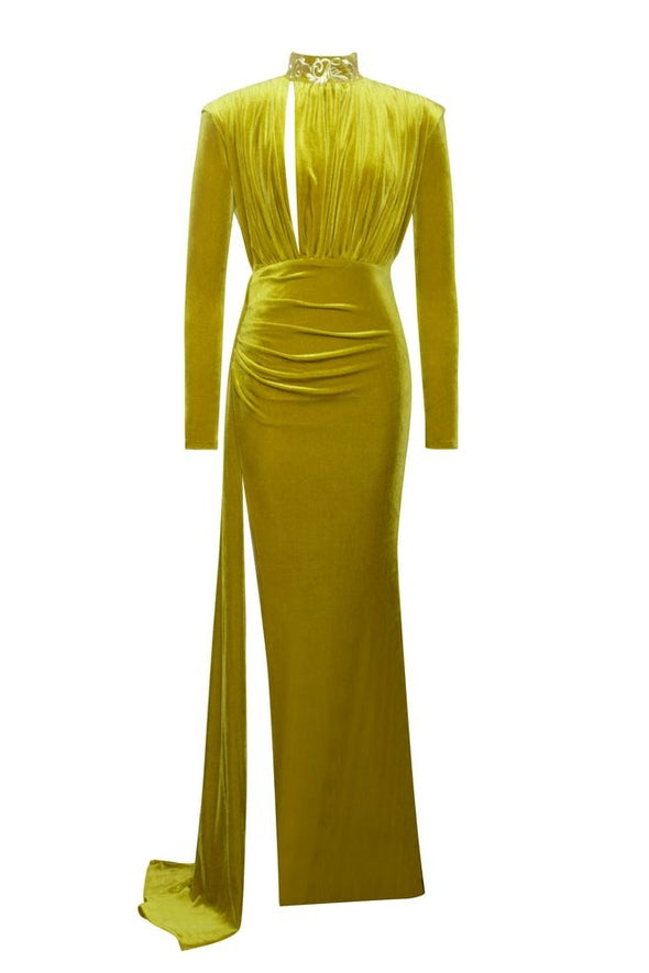 High Collar Gold Velvet Long Women Evening Dress