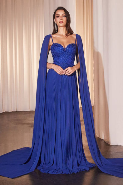 A Line Pleated Evening Dress With Caped Sleeves