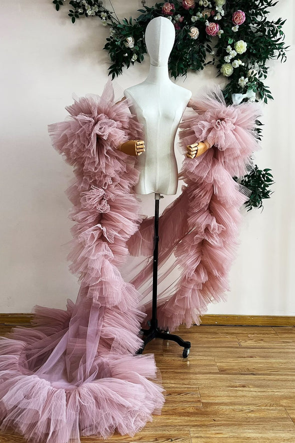 Pearl Pink Hard Tulle Long Evening Cape Shawl