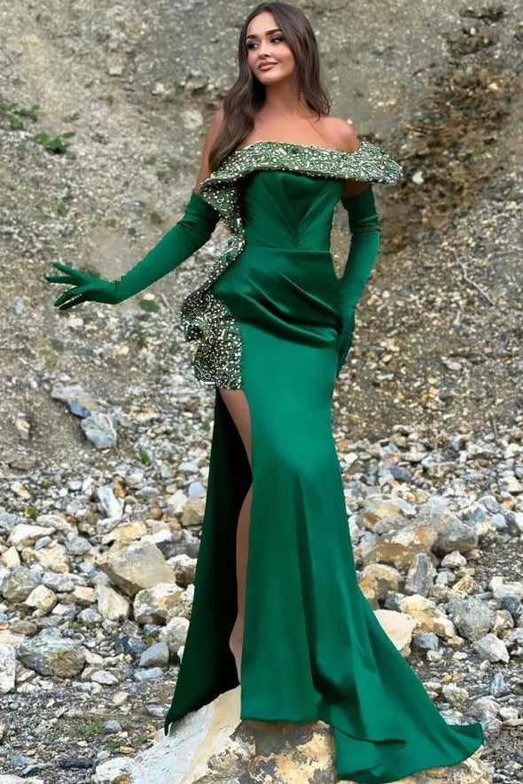 Green Off-the-Shoulder Mermaid Prom Dress With Split Beadings