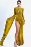 High Collar Gold Velvet Long Women Evening Dress