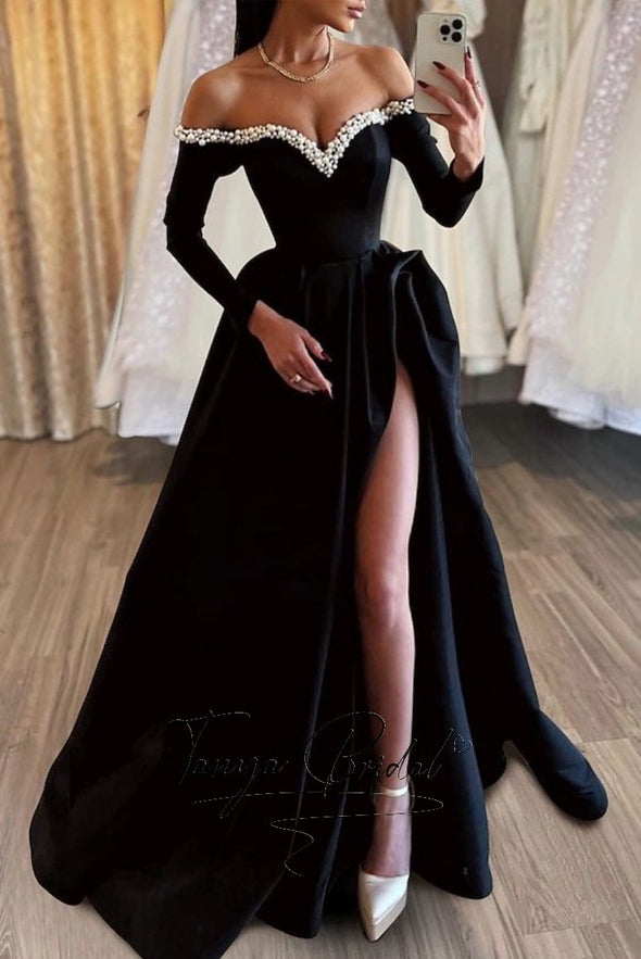 Black Prom Dress Off The Shoulder High Slit