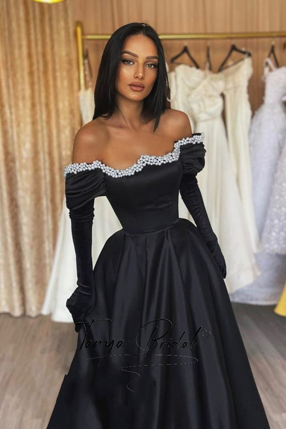 Black Prom Dress Off The Shoulder With Gloves