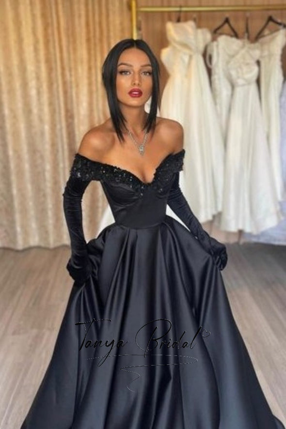 Beaded Black Prom Dress Off The Shoulder With Gloves