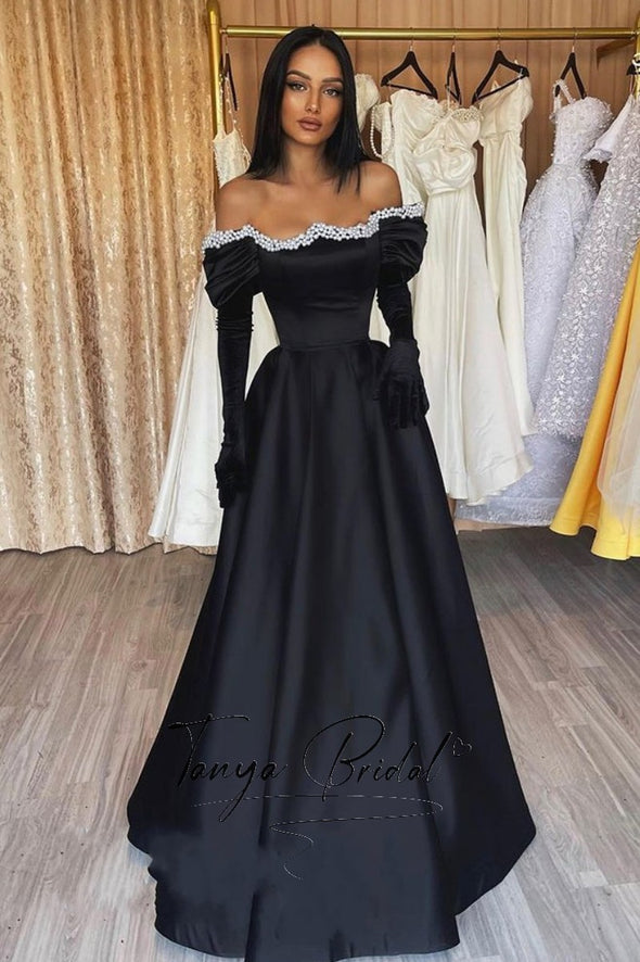 Black Prom Dress Off The Shoulder With Gloves