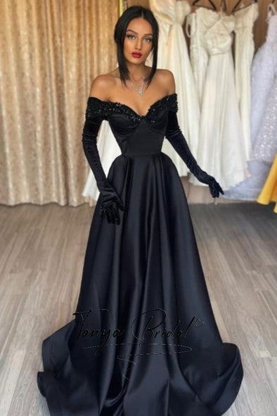 Beaded Black Prom Dress Off The Shoulder With Gloves