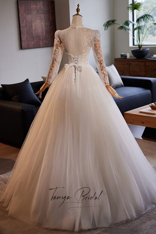 Full Sleeves High Neck Open Back Lace Ball Gown Wedding Dress