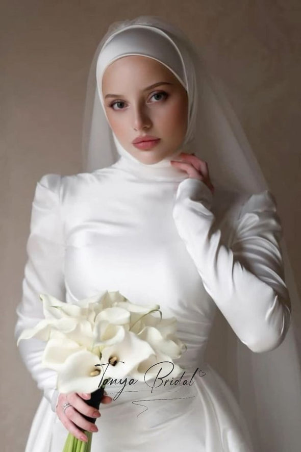 High Neck Mermaid Muslim Wedding Dress Satin Bridal Gown