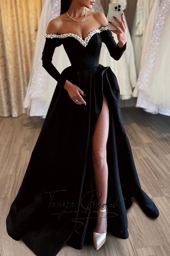 Black Prom Dress Off The Shoulder High Slit