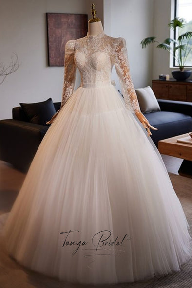 Full Sleeves High Neck Open Back Lace Ball Gown Wedding Dress