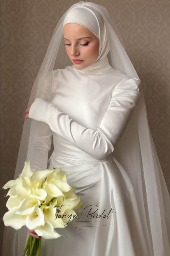 High Neck Mermaid Muslim Wedding Dress Satin Bridal Gown