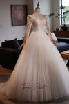 Full Sleeves High Neck Open Back Lace Ball Gown Wedding Dress