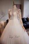 Full Sleeves High Neck Open Back Lace Ball Gown Wedding Dress